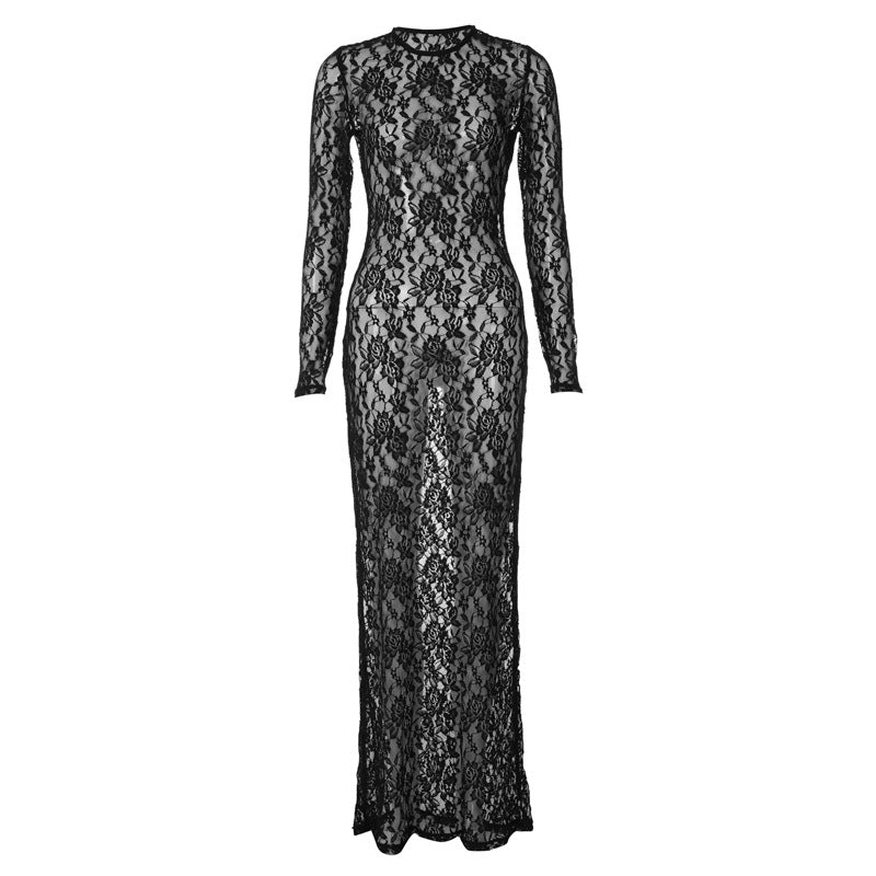 Damen Spitzenabendkleid mit elegantem Rückenausschnitt und langem Arm Drune