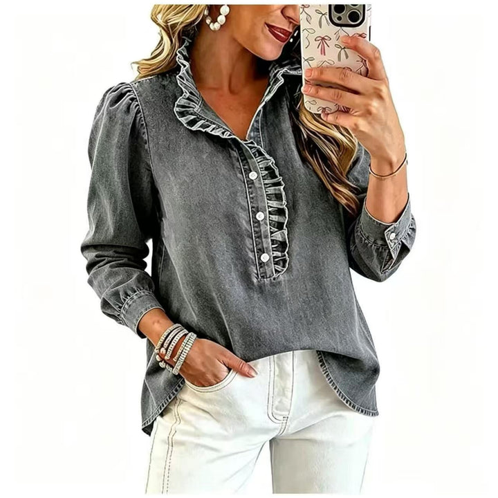 Damen Jeansbluse mit Rüschenkragen und Ballonärmeln Drune
