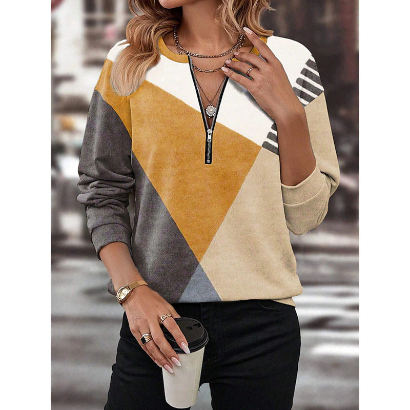 Damen Freizeitsweatshirt mit Halbzipp und geometrischem Farbkombinationsmuster Drune