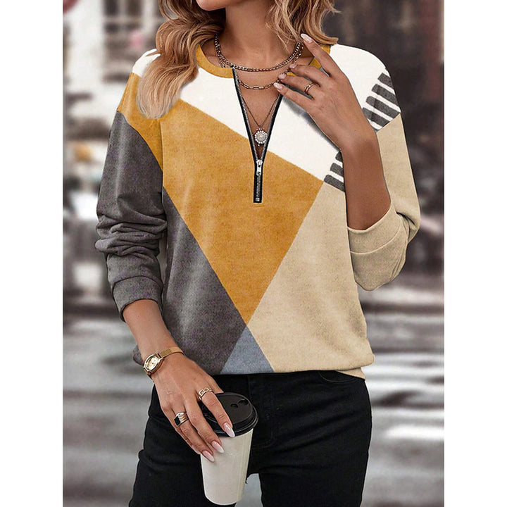Damen Freizeitsweatshirt mit Halbzipp und geometrischem Farbkombinationsmuster Drune