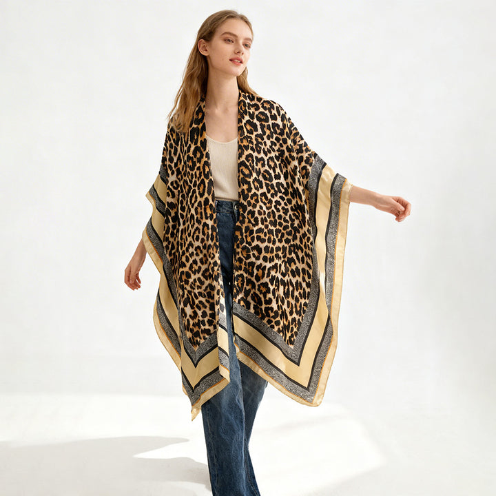 Damen Oversized Kimono-Überwurf mit Leopardmuster und breiter Satin-Bordüre Drune