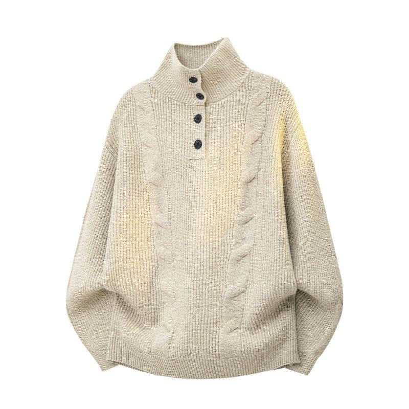 Damen Oversize Zopfstrickpullover mit hohem Rollkragen und Knopfleiste Drune