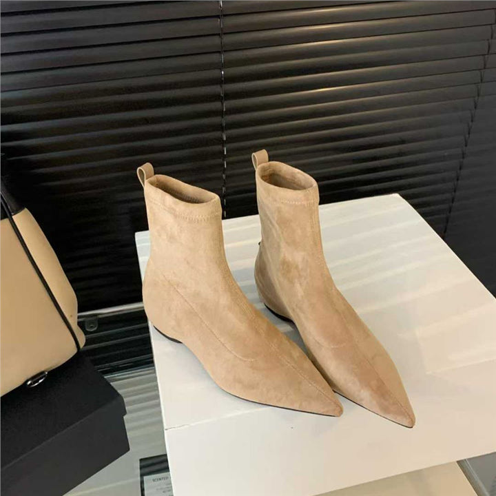 Damen spitz zulaufende Sock‑Stiefeletten aus Velourslederoptik mit engem Schaft Drune