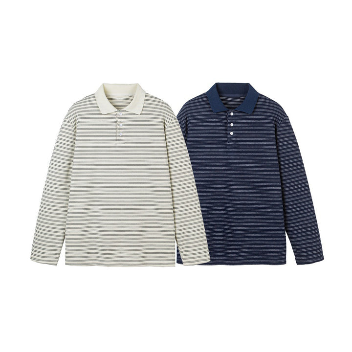 Herren Langarm-Poloshirt aus feinem Baumwollstrick mit Kentkragen und feiner Streifenstruktur Drune