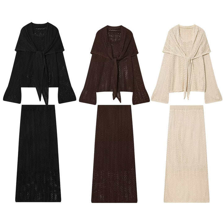 Damen Ajourstrick-Set mit offener Cardigan und Midirock Drune