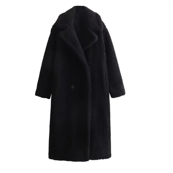 Damen 900+ langer Teddy‑Mantel im Oversize‑Cut mit Doppelreihe, Reverskragen und wärmender Innenfutter Drune