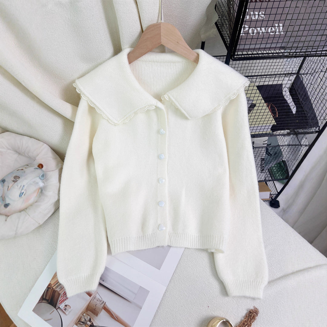 Damen niedliche Strickjacke mit großem Kragen und dekorativen Knopfdetails Drune
