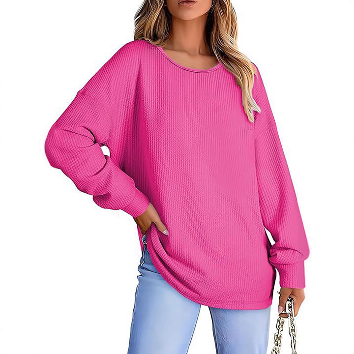 Damen Oversize Waffelstrickpullover mit Rundhals, Ballonärmeln und verlängertem Saum Drune