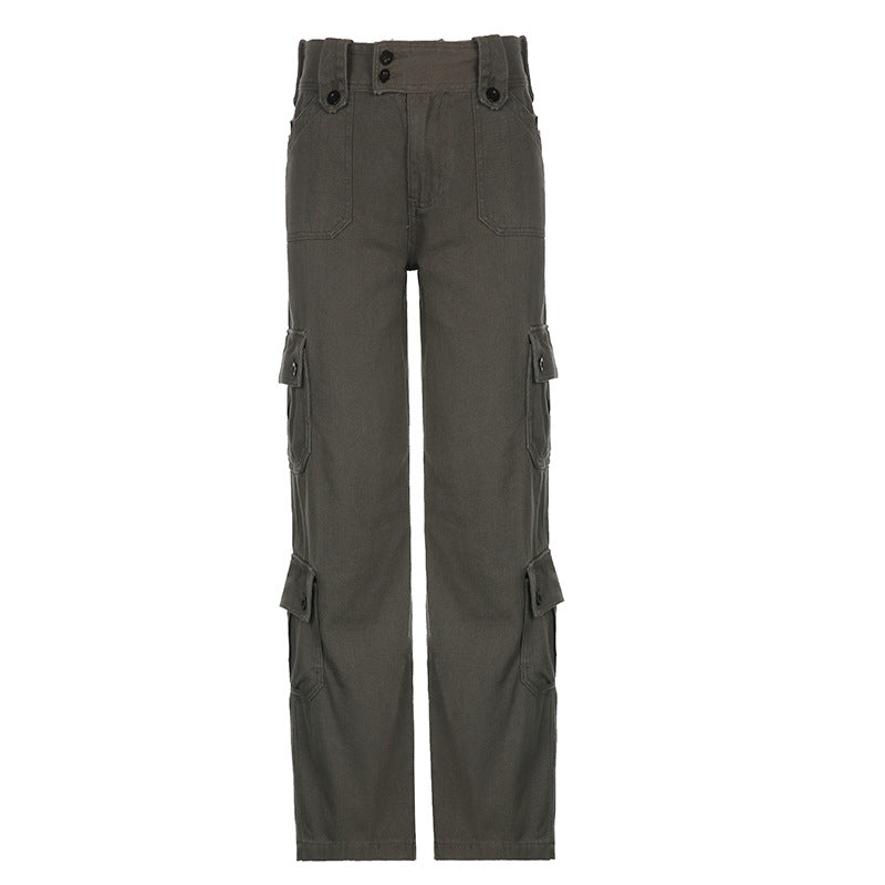 Damen nan hohe Taille Cargo-Hose mit geradem Bein, mehrfachen Klappentaschen und markanten Knopfdetails Drune