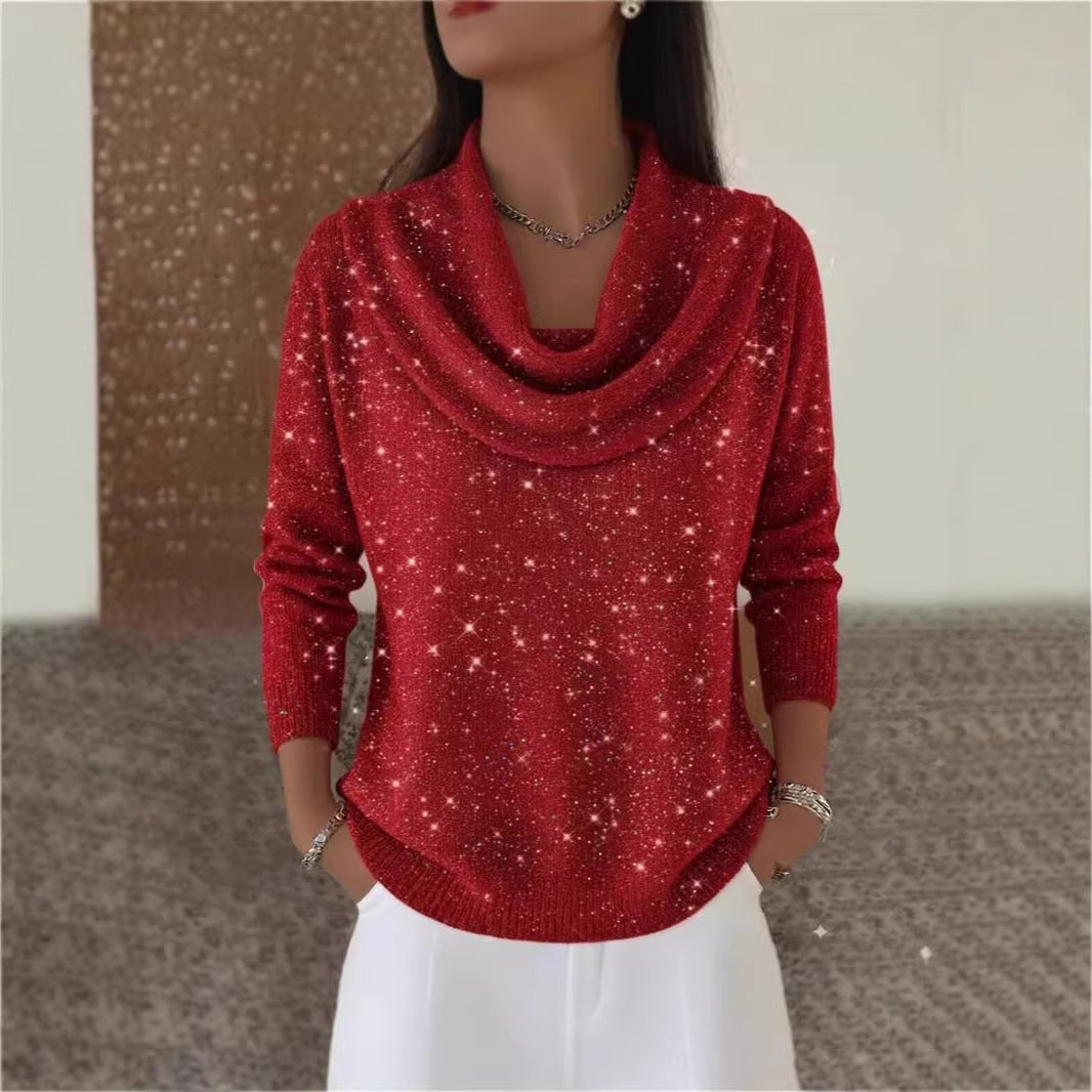 Damen Glitzernder Strickpullover mit Wasserfall-Ausschnitt Drune