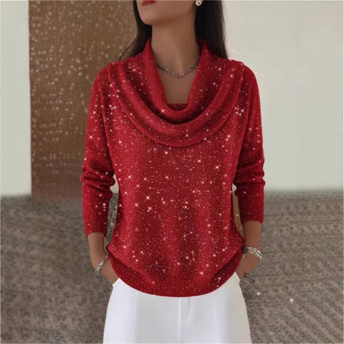 Damen Glitzernder Strickpullover mit Wasserfall-Ausschnitt Drune