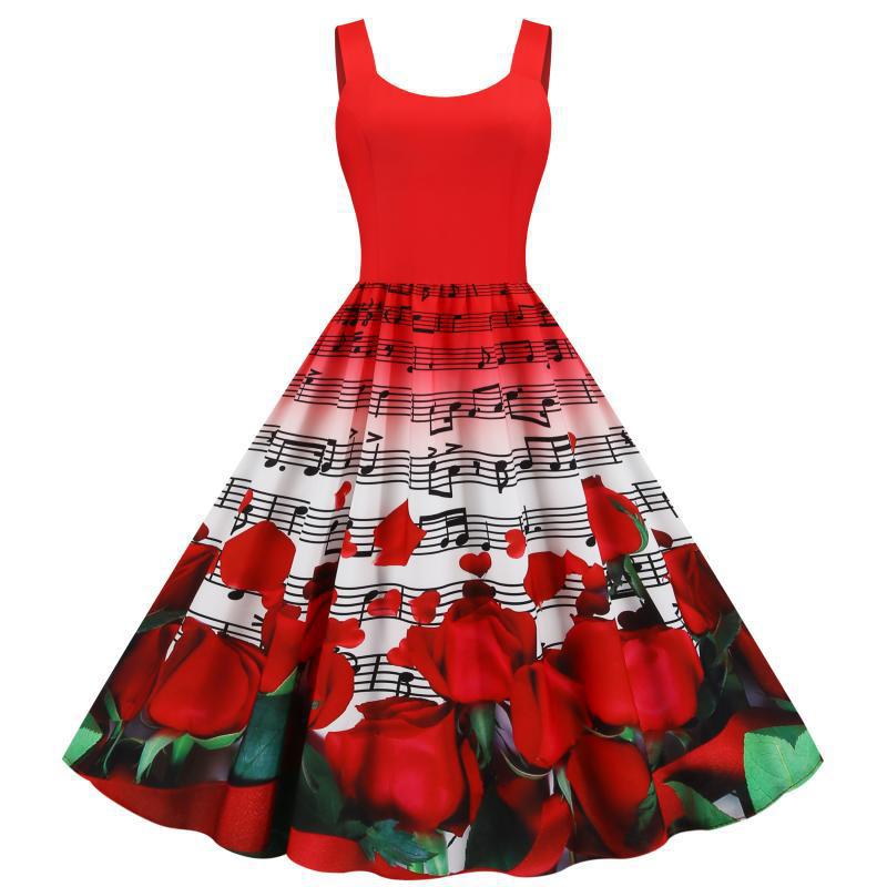 Damen Swingkleid mit musikalischem Rosenmuster und weitem Rock Drune