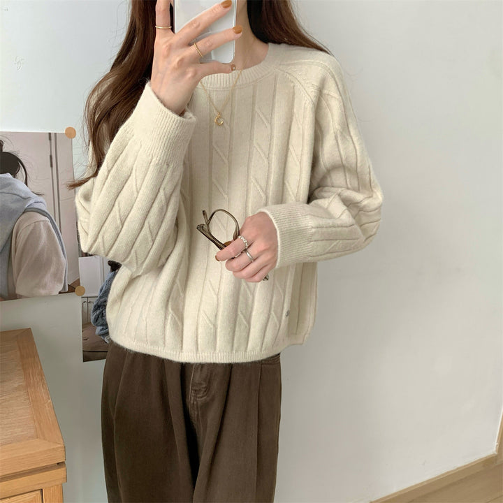 Damen lässiger Strickpullover mit Waffelmuster und weitem Schnitt Drune