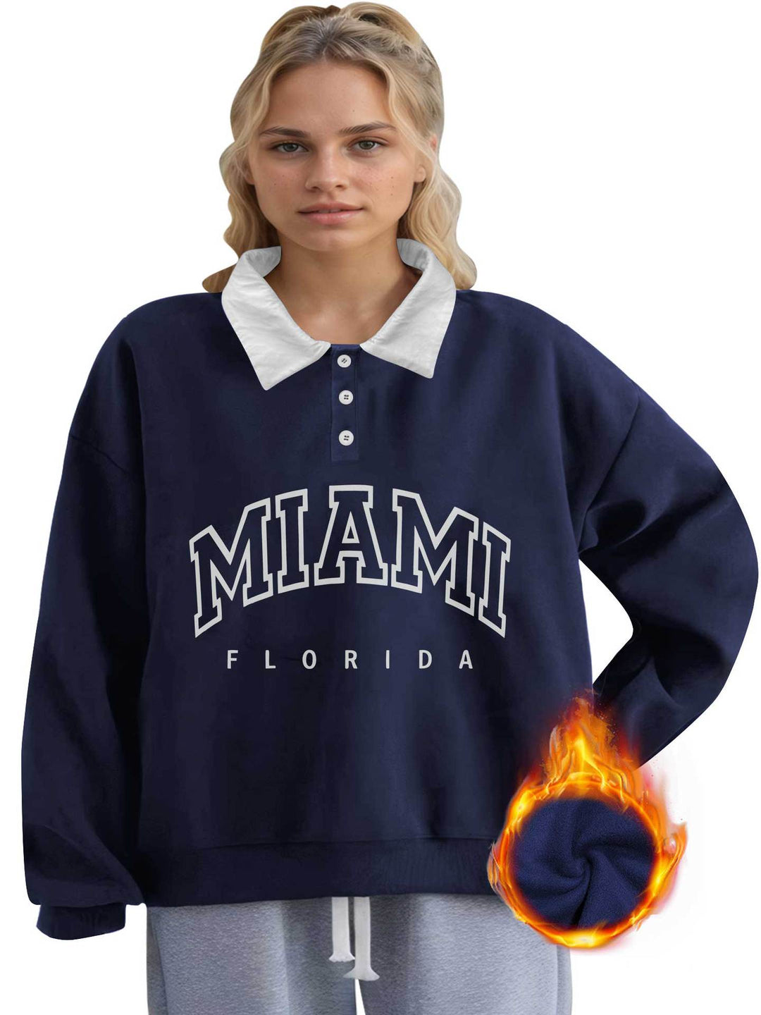 Damen Oversized College-Sweatshirt mit Polokragen und wärmender Fleece-Innenseite Drune