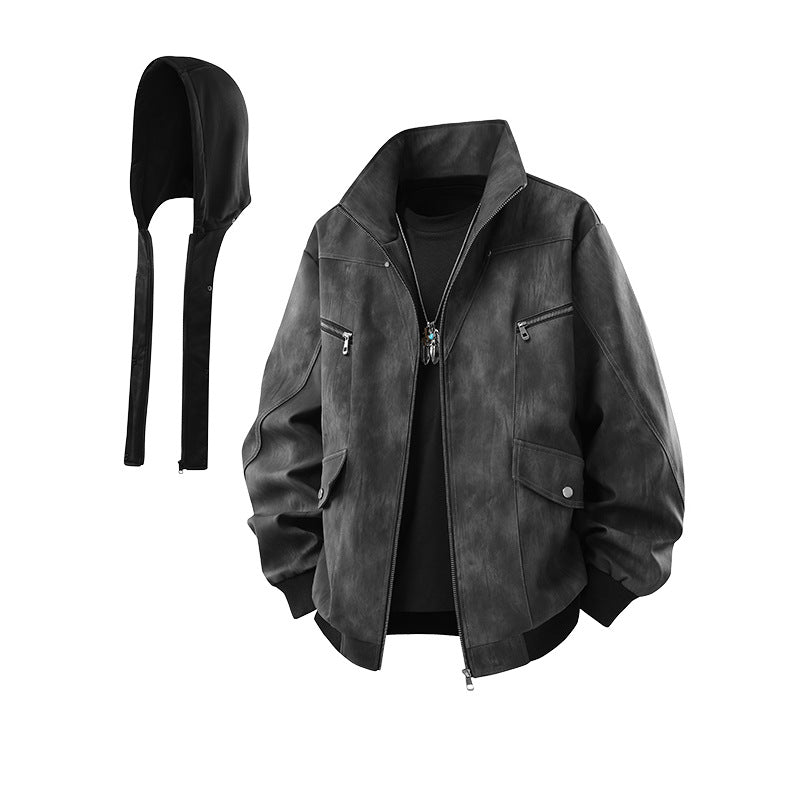 Herren Oversize-Blouson aus Kunstleder mit abnehmbarem Kapuzen‑Einsatz, Stehkragen und Utility‑Taschen Drune