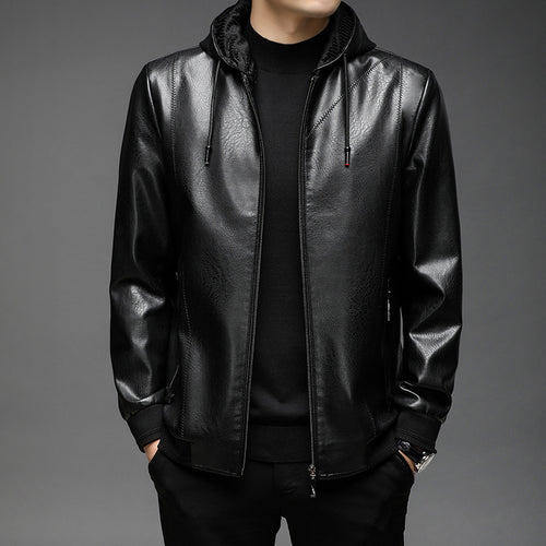 Herren Kapuzen-Lederimitat-Blouson mit Reißverschluss und elastischen Bündchen Drune