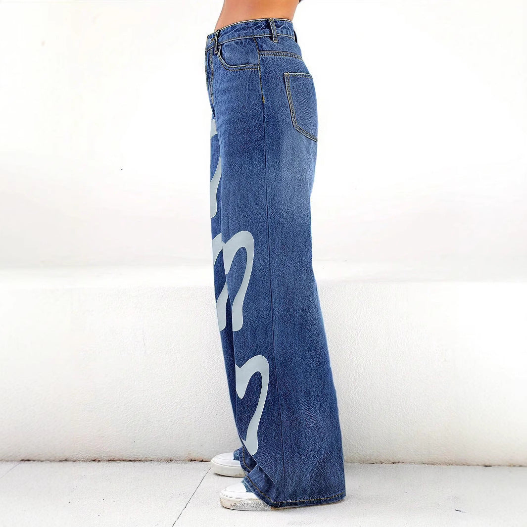 Damen High-Waist Wide-Leg-Jeanshose mit großflächigem Herz-Print Drune
