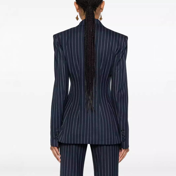 Damen Nadelstreifen Zweireihiger Blazer mit High‑Waist Schlaghose Drune