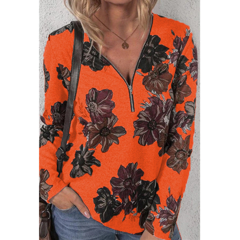 Damen lockeres V-Ausschnitt Longsleeve-Shirt mit kurzem Reißverschluss und floralem Allover-Druck Drune