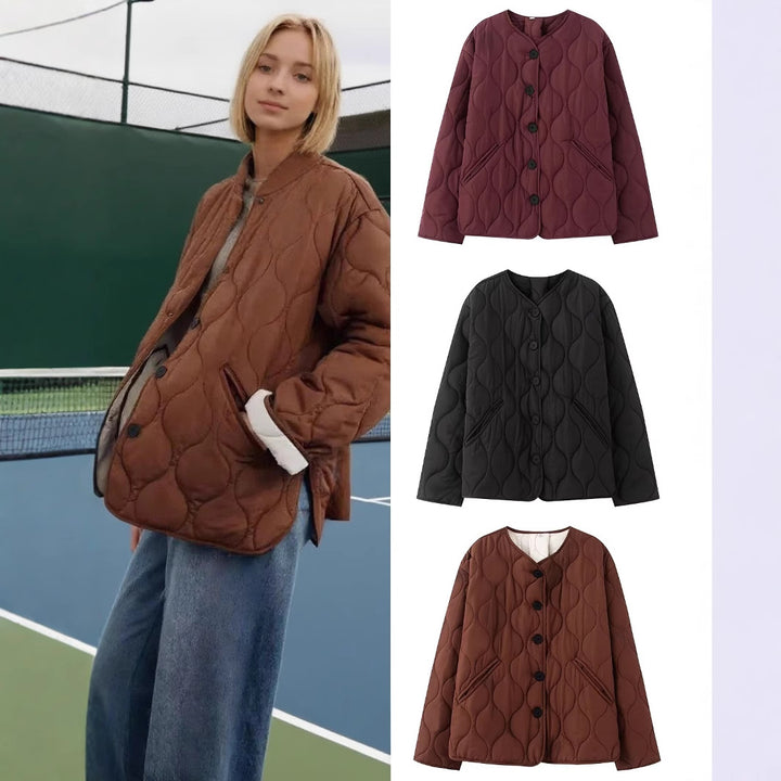 Damen Steppjacke ohne Kragen mit Rundhalsausschnitt, Boxy‑Schnitt und dekorativer Wellensteppung Drune
