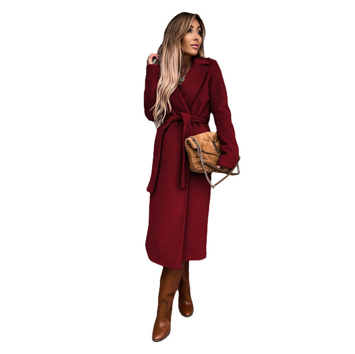 Damen eleganter lange Mantel mit Gürtel und hohem Kragen Drune
