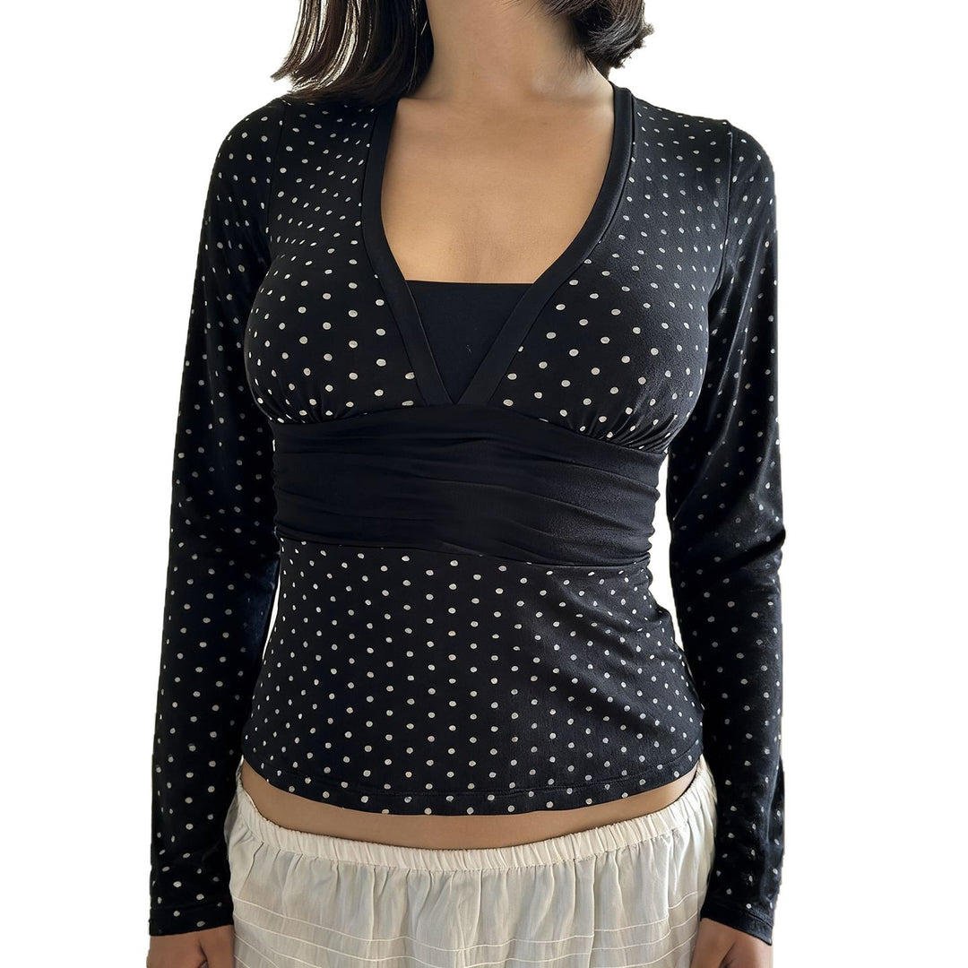 Damen nan taillierte Wickelbluse mit Polka‑Dot Muster, tiefem V‑Ausschnitt und breitem Taillenband Drune