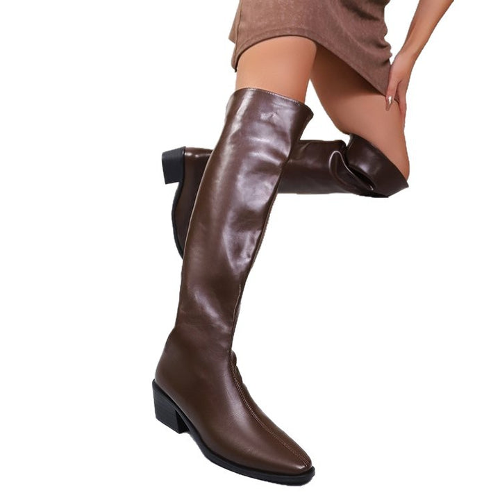 Damen Kniehohe Stiefel mit spitzer Zehenpartie und mittelhohem Blockabsatz Drune
