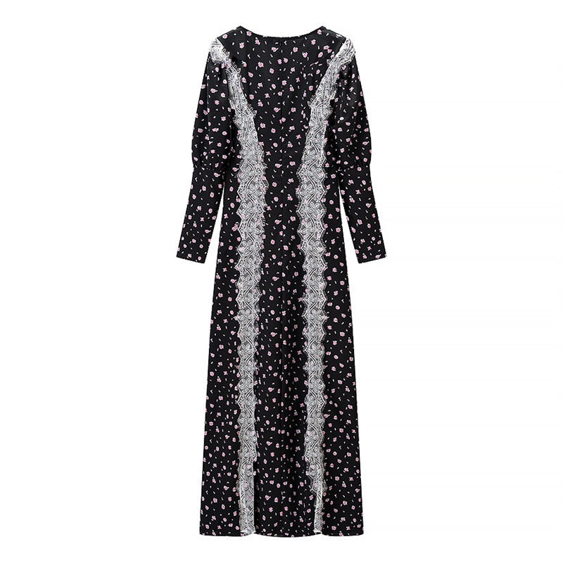 Damen Langärmeliges Maxikleid mit Spitzenborten, tiefem V‑Ausschnitt und floralem Alloverprint Drune