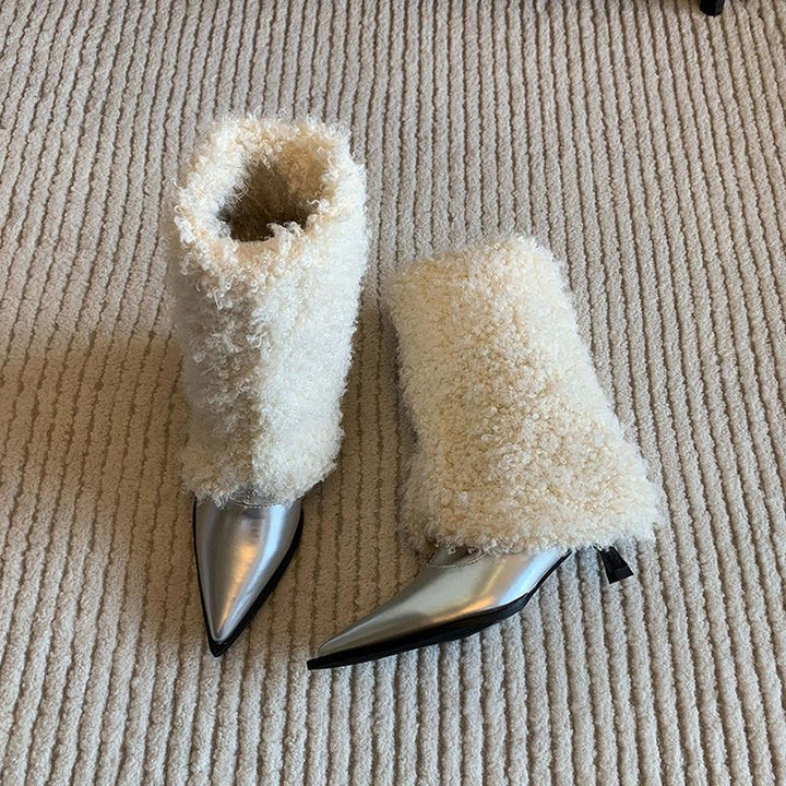 Damen Flauschige Schaftstiefel mit spitzer Lackkappe und Teddy-Finish Drune