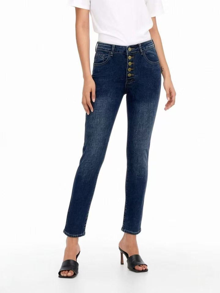 Damen Slim-Fit Jeans mit eleganter Knopfleiste und hohem Bund Drune