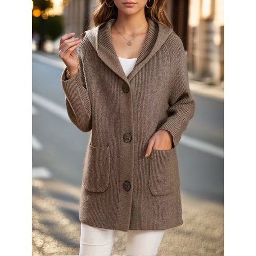 Damen nan lange gerippte Kapuzen-Strickjacke mit aufgesetzten Taschen und markanten Knöpfen Drune