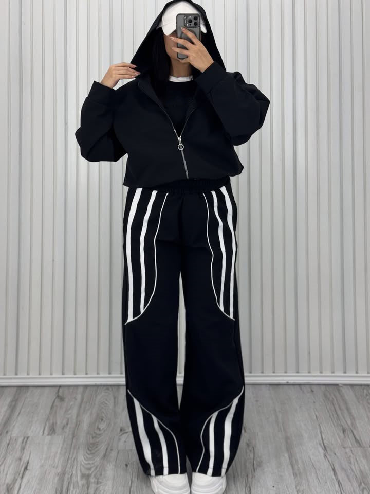 Damen Oversize Kapuzen-Sweatjacke mit Reißverschluss und weitem Trackpant-Set Drune
