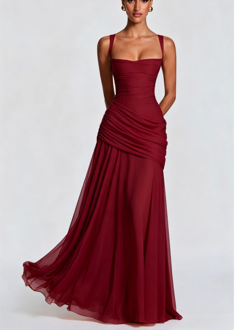Damen Elegantes Hochzeitskleid mit taillierten Rüschen und schwingendem Chiffonrock Drune