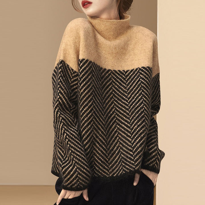 Damen Modischer Pullover mit Zickzack-Muster und hohem Kragen Drune