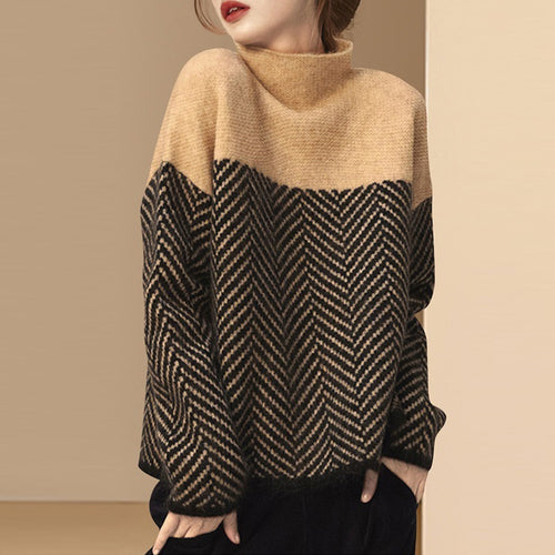 Damen Modischer Pullover mit Zickzack-Muster und hohem Kragen Drune
