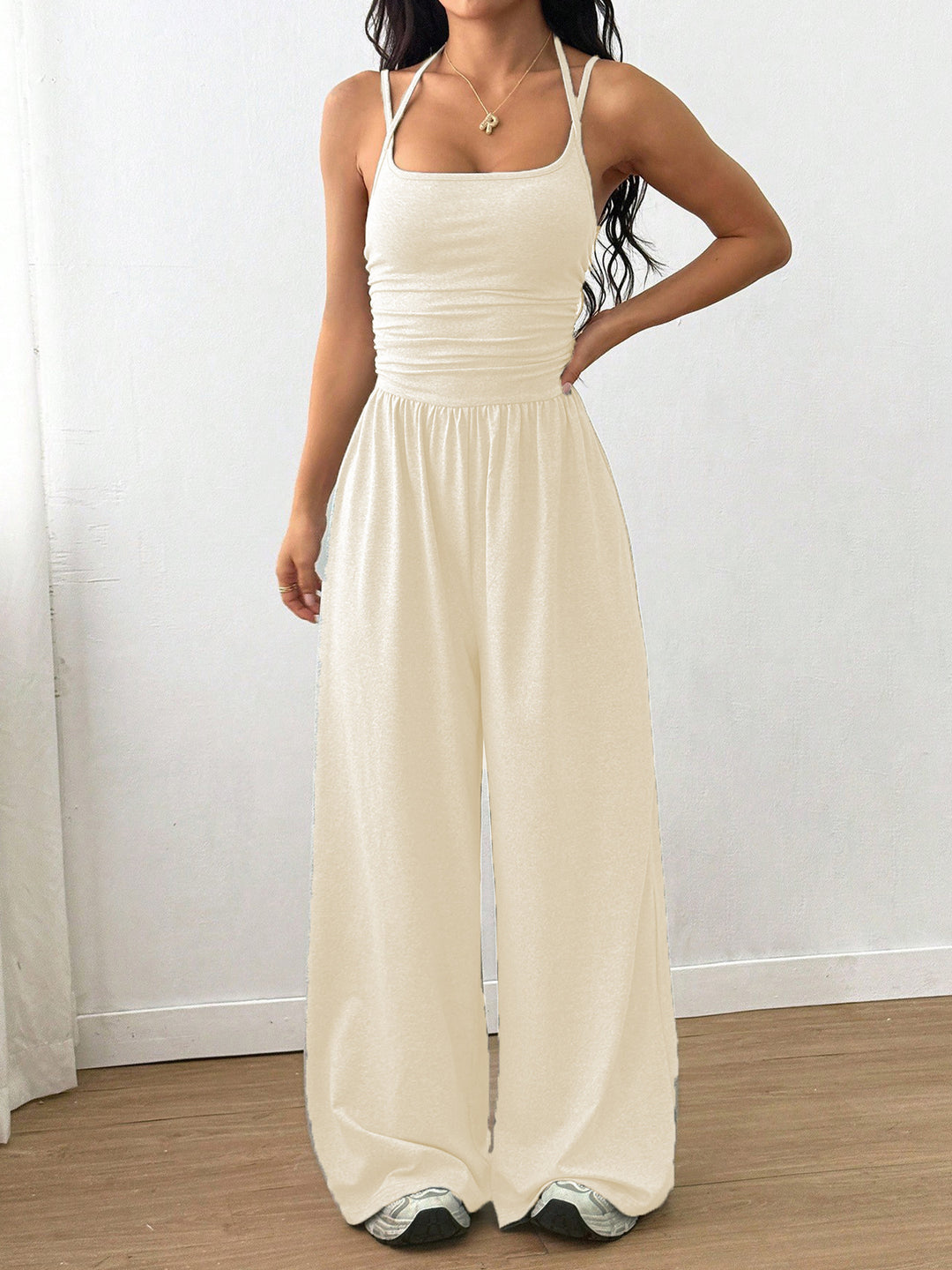 Damen luftiger Jumpsuit mit hohem Bund und verstellbaren Trägern Drune