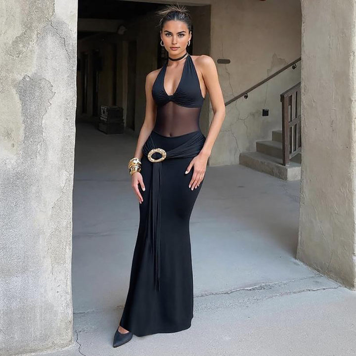 Damen Maxi-Überwurfkleid mit transparentem Material und eleganter Gürtelschnalle Drune