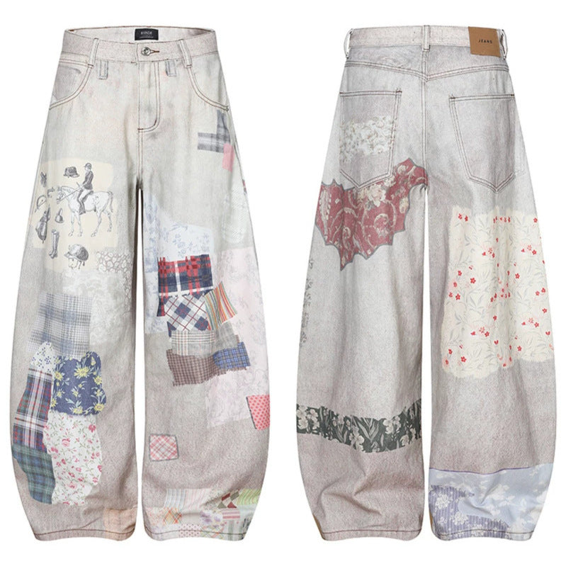 Damen Weite High‑Waist Culotte-Jeans mit Patchwork-Print und Balloon-Silhouette Drune