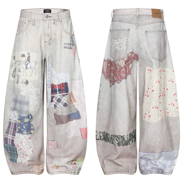 Damen Weite High‑Waist Culotte-Jeans mit Patchwork-Print und Balloon-Silhouette Drune