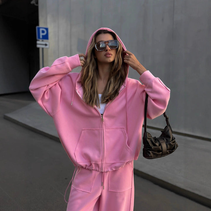 Damen oversized Kapuzenjacke mit Reißverschluss und lässiger Cargo-Loungehose Drune