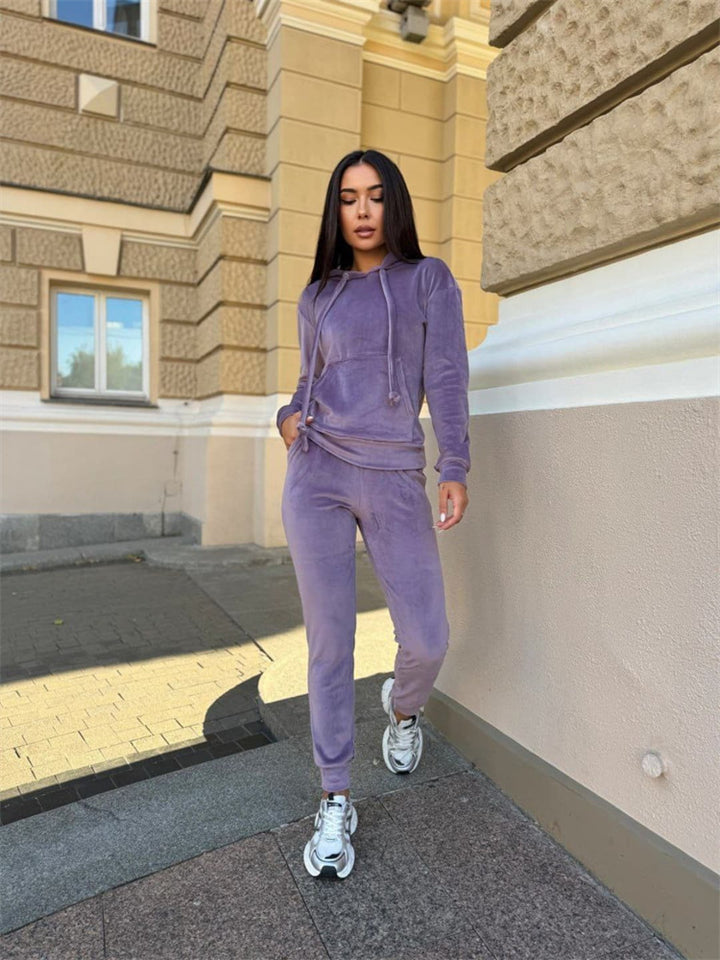 Damen weiches Velours-Lounge-Set mit Kapuzenpullover und tapered Jogginghose Drune