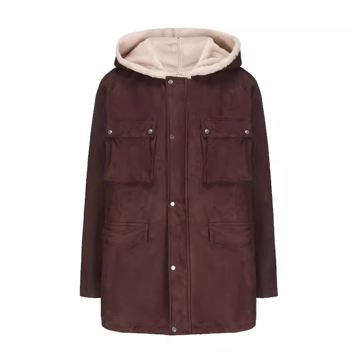 Damen warme Outdoorjacke mit Innenfutter aus Kunstfell und großen Taschen Drune