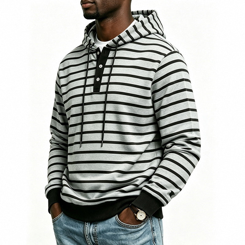 Herren Kapuzenpullover mit Henley-Knopfleiste und feinem Streifenstrukturmuster Drune