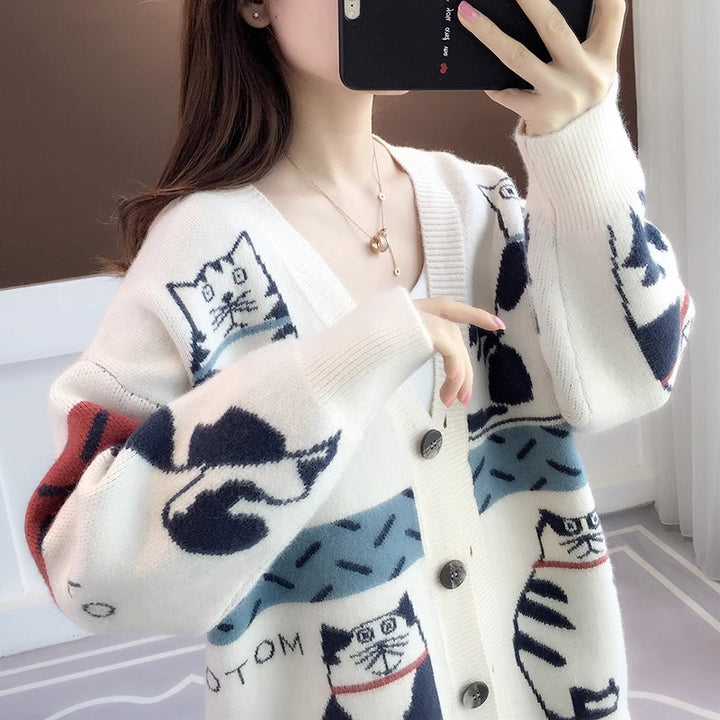 Damen Verspielte Cardigan mit Katzenmuster Drune
