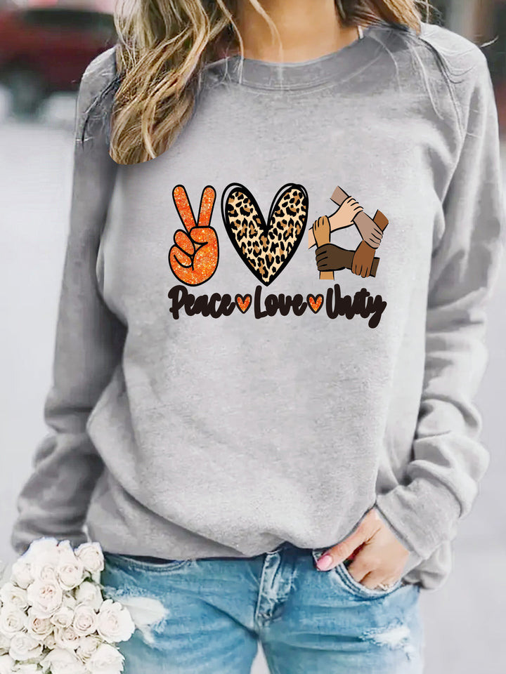 Damen Sweatshirt mit kreativem Peace, Love & Unity Motiv Drune