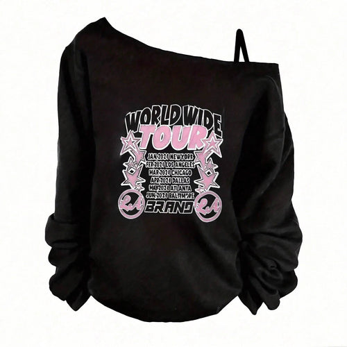 Damen nan asymmetrisches Off-Shoulder Sweatshirt mit Tour-Print und oversized Passform Drune