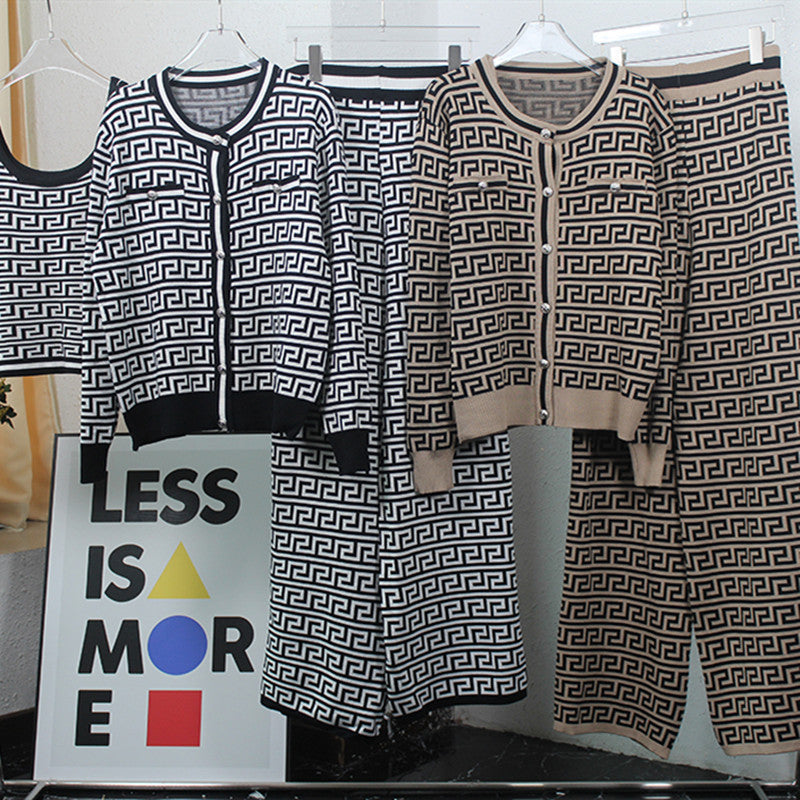 Damen modisches Strick-Loungewear-Set mit geometrischem Muster und schmalem Schnitt Drune