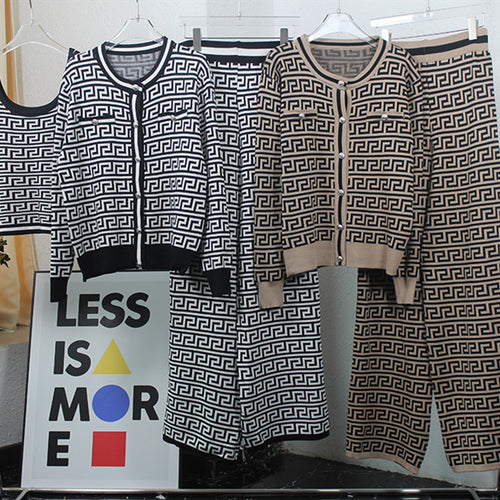 Damen modisches Strick-Loungewear-Set mit geometrischem Muster und schmalem Schnitt Drune