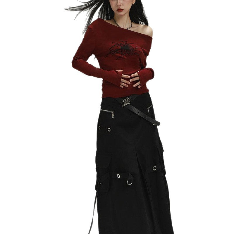 Damen Langarmshirt mit asymmetrischem Ausschnitt und grafischem Druck Drune