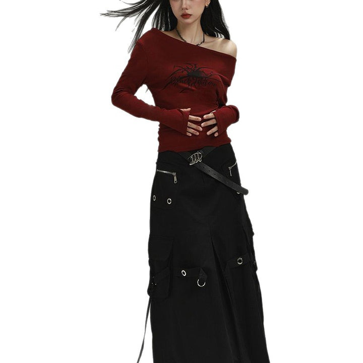 Damen Langarmshirt mit asymmetrischem Ausschnitt und grafischem Druck Drune